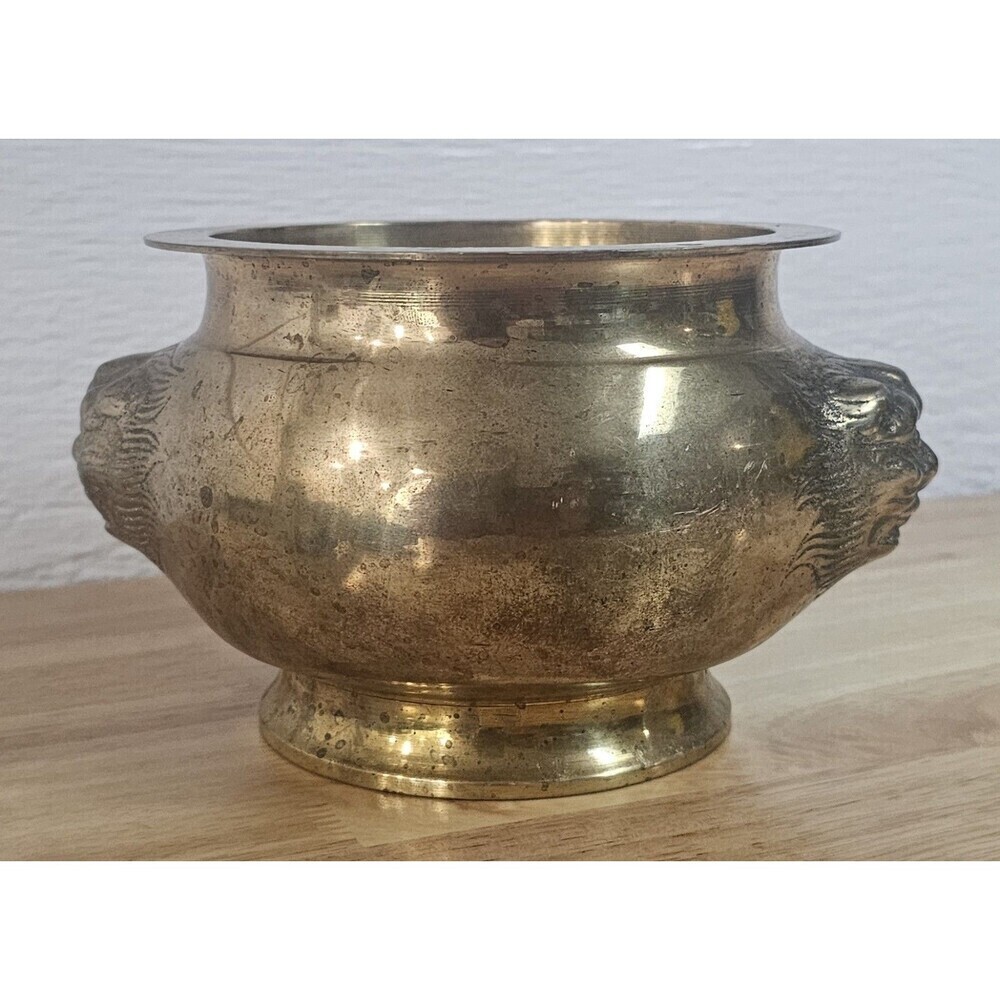 Vtg Solid Brass Foo Dog Lion Head Asian Cauldron Censer Incense Planter Heavy - Picture 2 of 13
